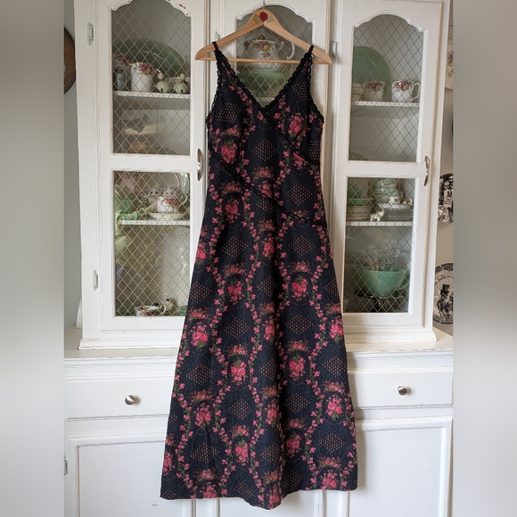 Vintage Dresses & Skirts - Vintage 1970s Black Lace Maxi Slip Dress with Pink Floral Print